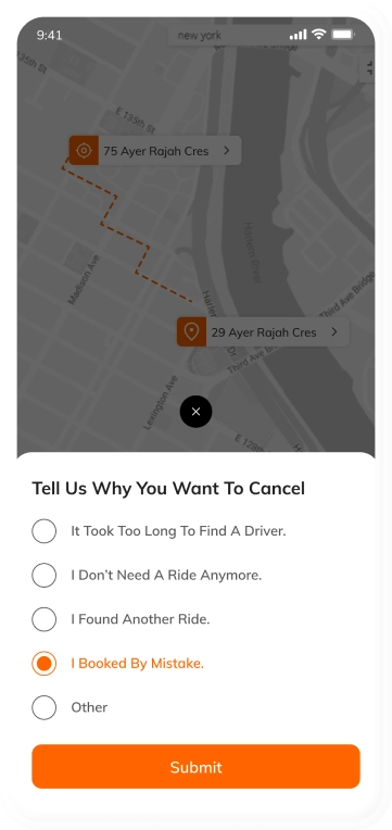 customer app - Trip Cancellation Reasons