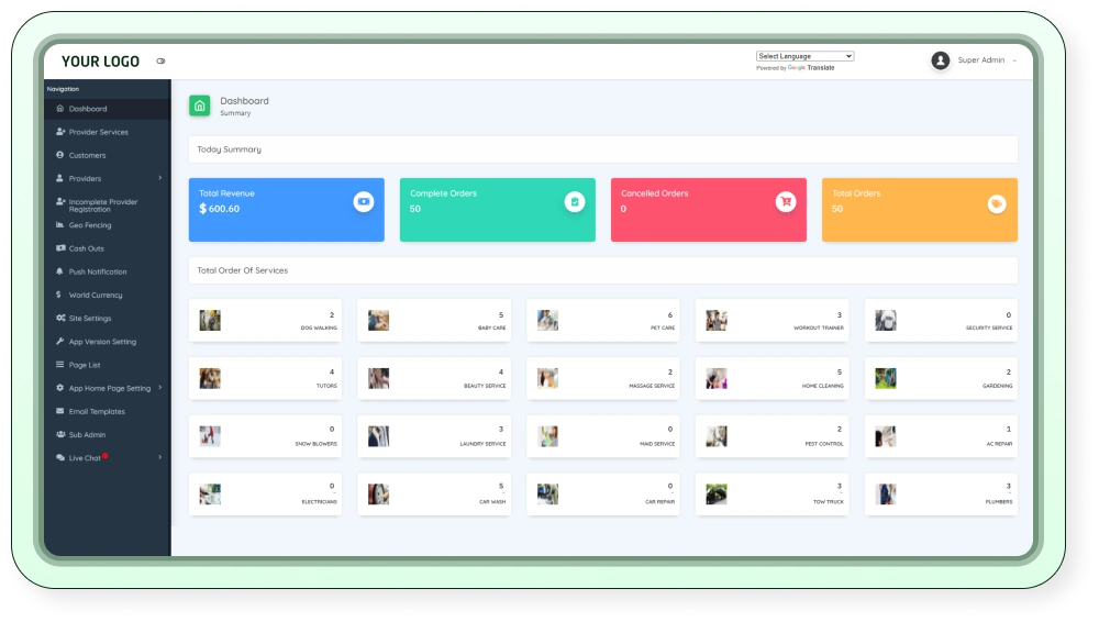 taskrabbit clone - admin dashboard