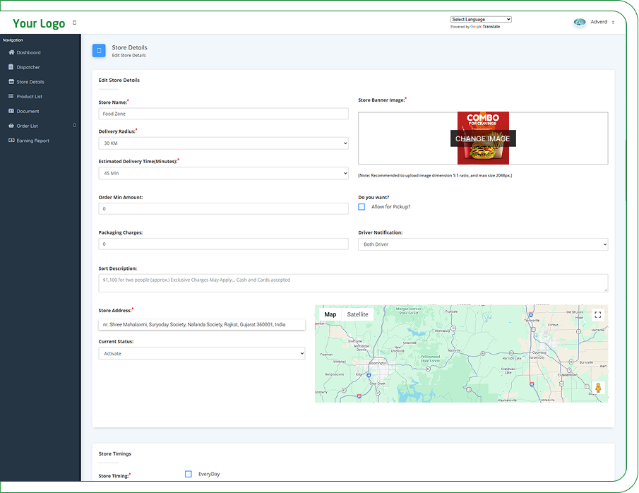 resturant webpanel features